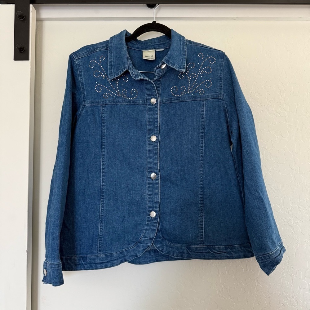 Blair Blue Denim Jean Jacket Embellished Bling Women Western y2k Pink Rhinestone